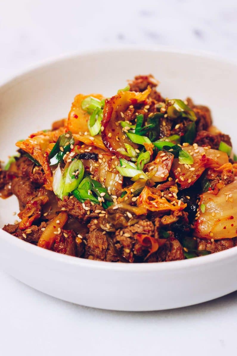 Paleo kimchi beef stir-fry recipe with shaved beef steak from I Heart Umami.