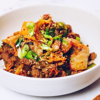 Paleo kimchi beef stir-fry recipe with shaved beef steak from I Heart Umami.