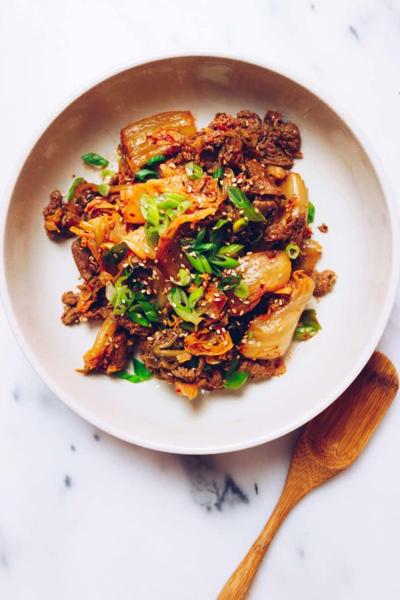 Paleo kimchi beef stir-fry recipe with shaved beef steak from I Heart Umami.