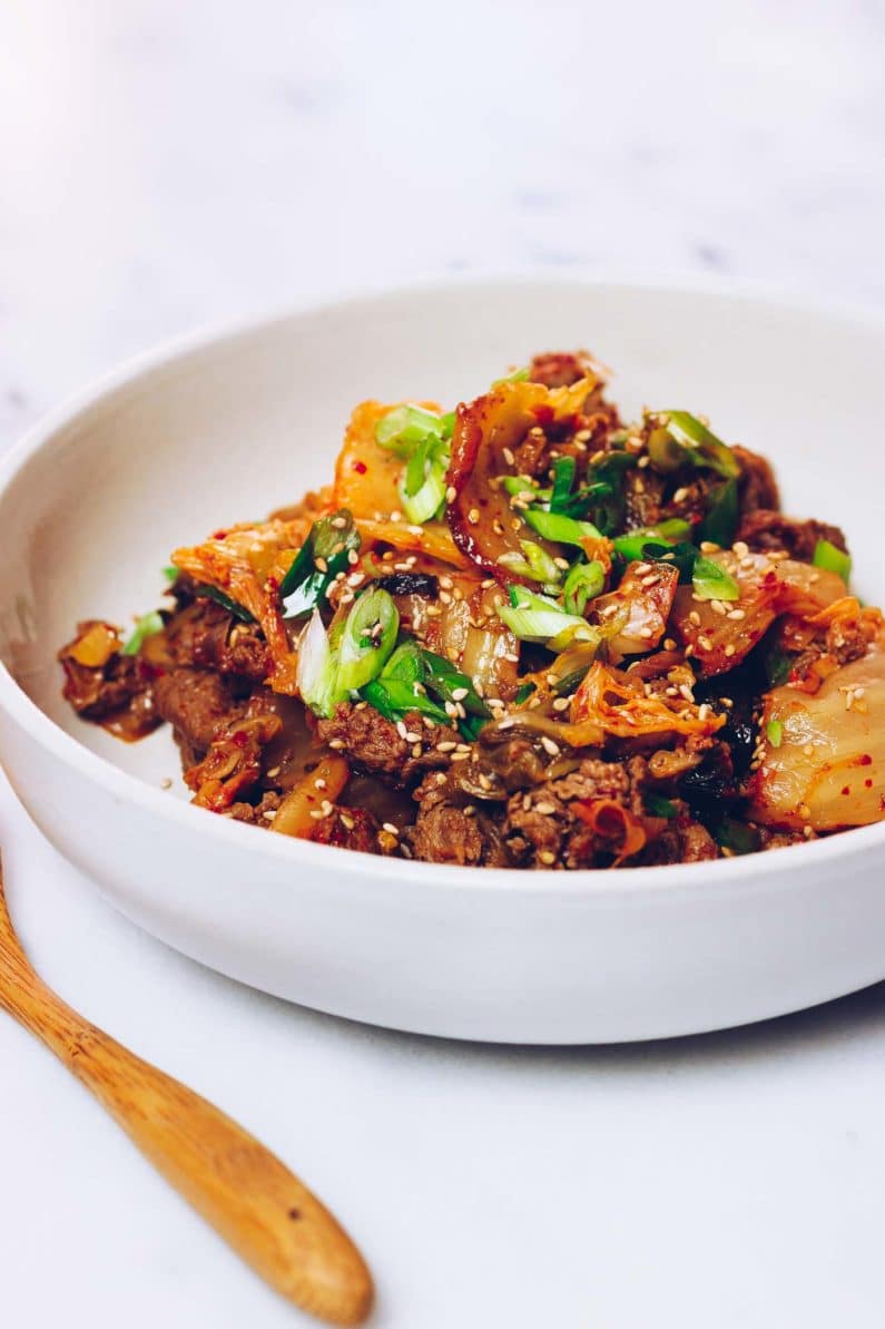 Paleo kimchi beef stir-fry recipe with shaved beef steak from I Heart Umami.