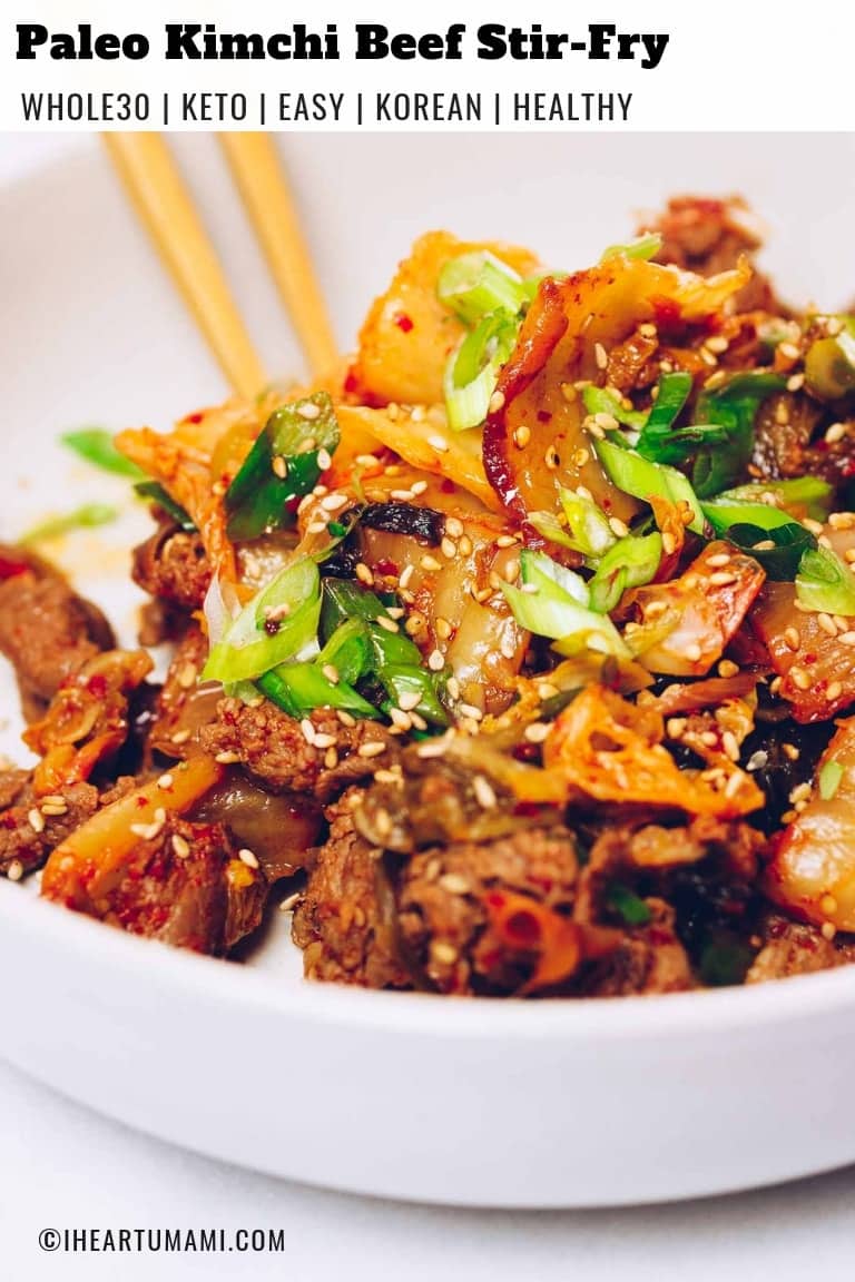 Paleo kimchi beef stir-fry recipe with shaved beef steak from I Heart Umami.