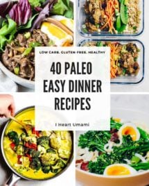 40 Easy Paleo Dinner Recipes include chicken, beef, pork, seafood, and vegetarian/vegan options that are delicious and quick and work for all budgets!