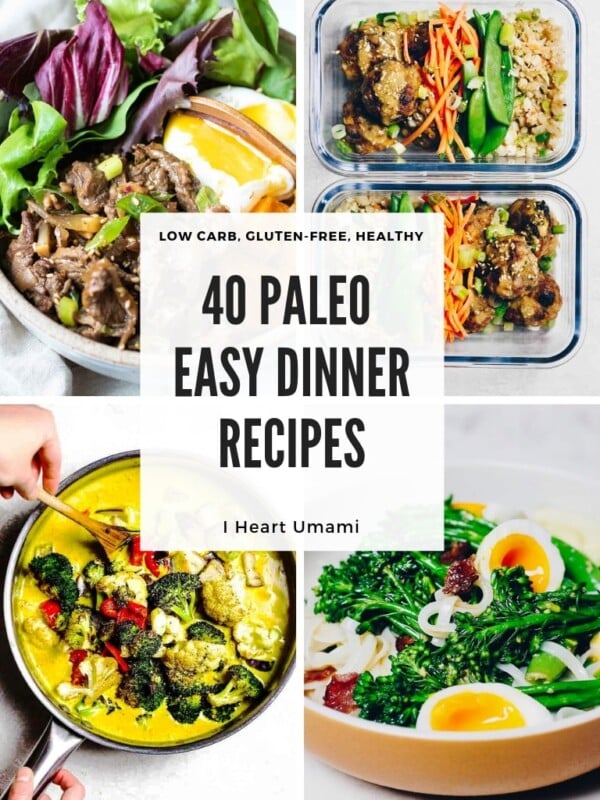 40 Easy Paleo Dinner Recipes include chicken, beef, pork, seafood, and vegetarian/vegan options that are delicious and quick and work for all budgets!