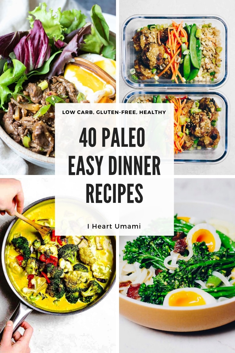 40 Easy Paleo Dinner Recipes include chicken, beef, pork, seafood, and vegetarian/vegan options that are delicious and quick and work for all budgets!
