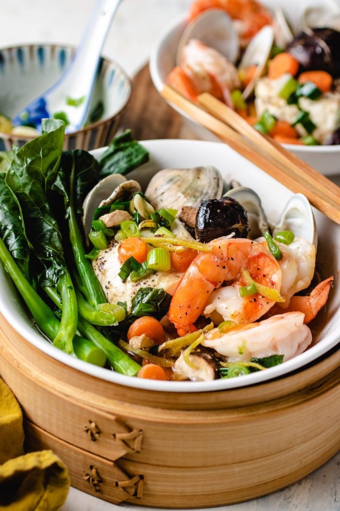 Steamed seafood served in two serving bowls