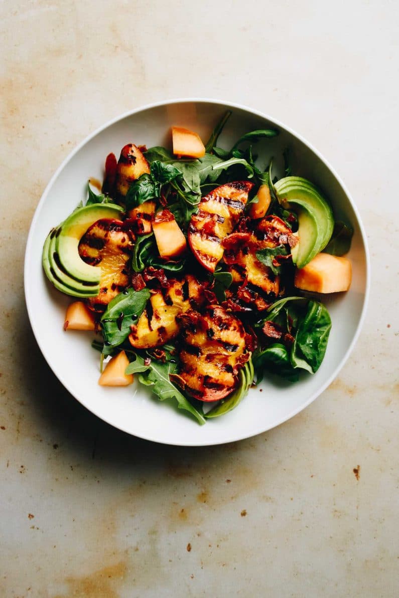 Paleo Grilled Peach Avocado Salad recipe with prosciutto and arugula low carb and whole30 from I Heart Umami.