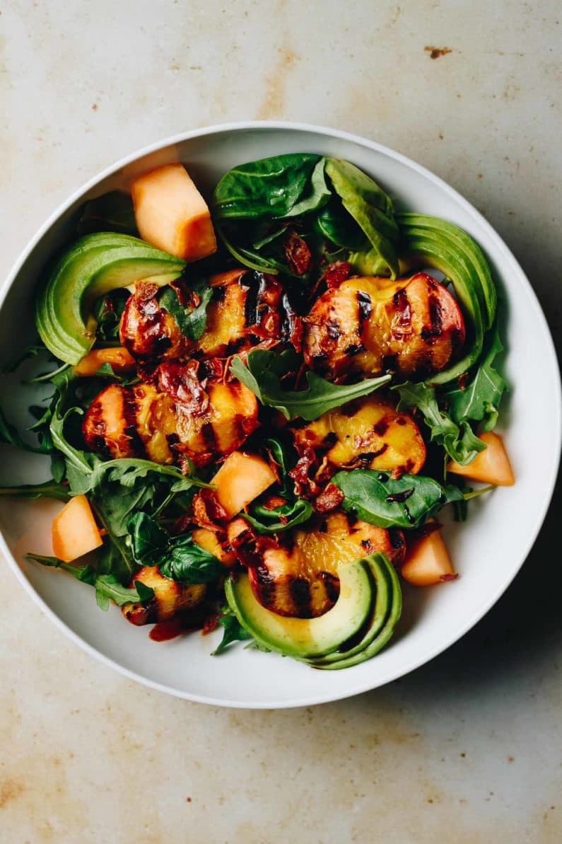 Paleo Grilled Peach Avocado Salad recipe with prosciutto and arugula low carb and whole30 from I Heart Umami.