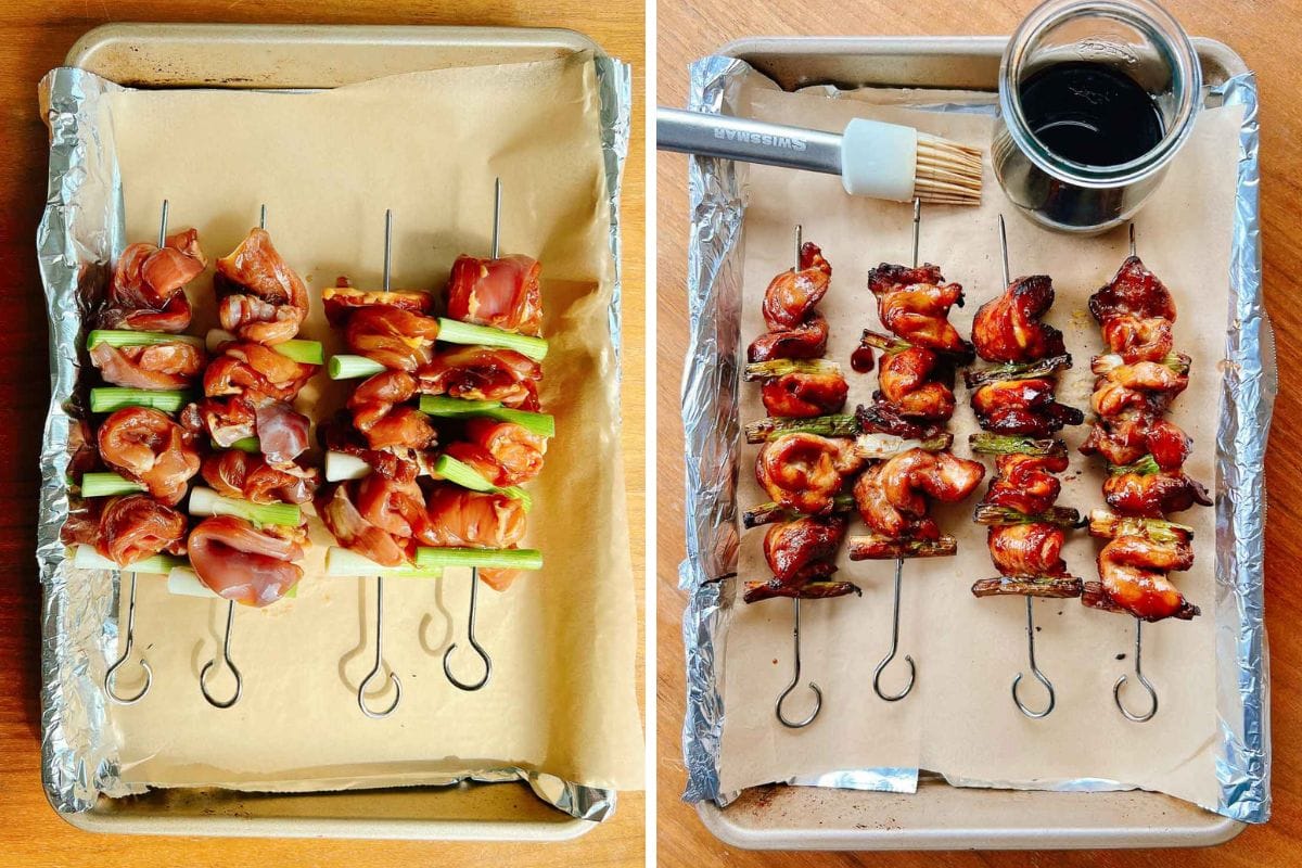 Two photos side by side: raw negima yakitori skewers with veggies on a parchment-lined tray (left), and cooked, glazed skewers on the same tray with a jar of yakitori sauce and a basting brush (right).