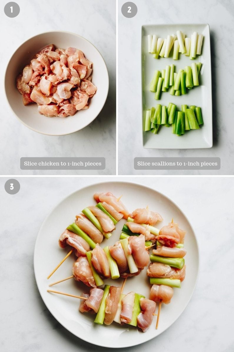 Thred the diced chicken onto the skewers and alternate with a piece of scallion