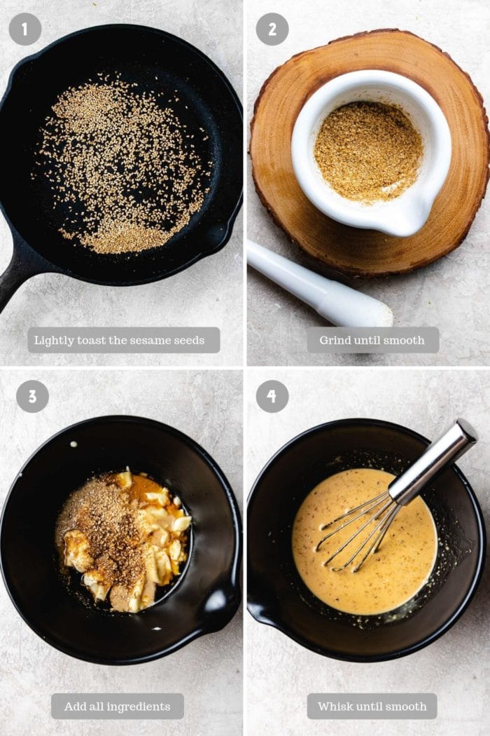 Four-step recipe collage for Japanese sesame dressing - goma dressing: 1) Sesame seeds toasting in a skillet, 2) Seeds ground in a mortar, 3) Ground seeds and other ingredients in a bowl, 4) Mixture whisked into a smooth sauce. Each step labeled.