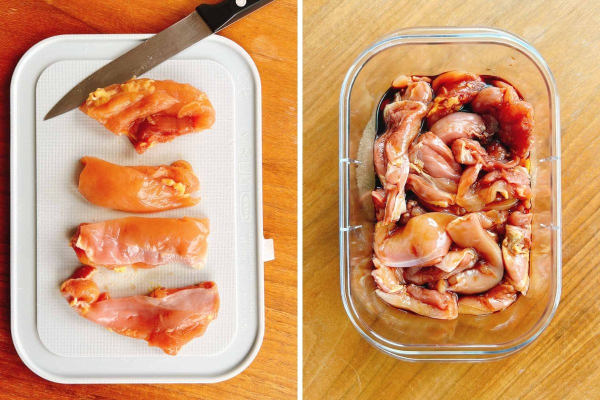 A cutting board with four raw chicken pieces and a knife on the left; marinated chicken skewers yakitori sauce in a glass container on the right, all on a wooden surface.