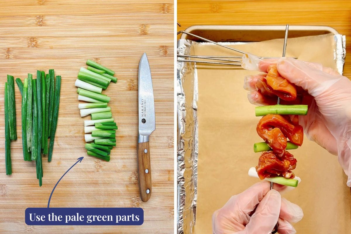 Two images: Left, sliced green onions with a knife on a cutting board, labeled Use the pale green parts. Right, gloved hands threading chicken and green onions onto skewers over a baking sheet for Negima Yakitori.