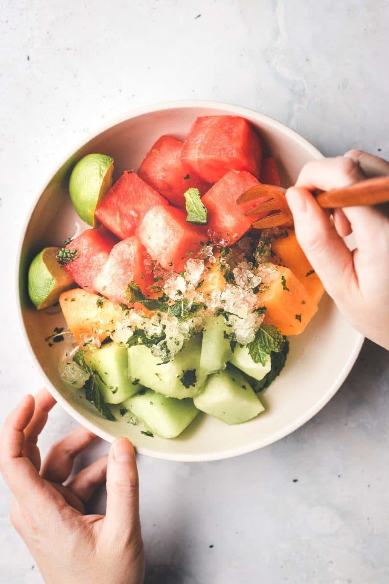 Watermelon Fruit Salad recipe with crushed mint-lime flavored ice for the best summer watermelon mint salad!