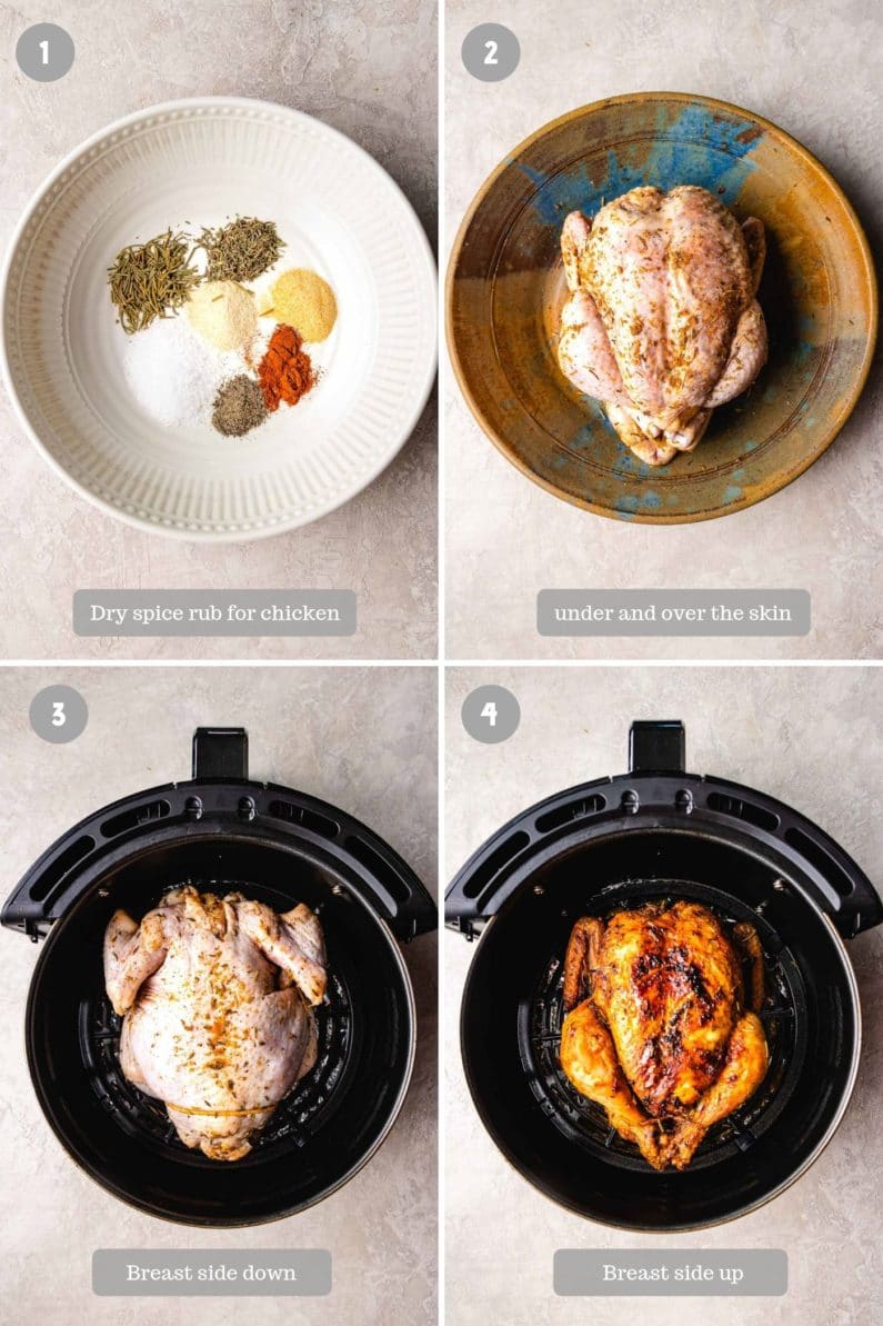 Steps showing how to air fried an entire chicken using a fryer