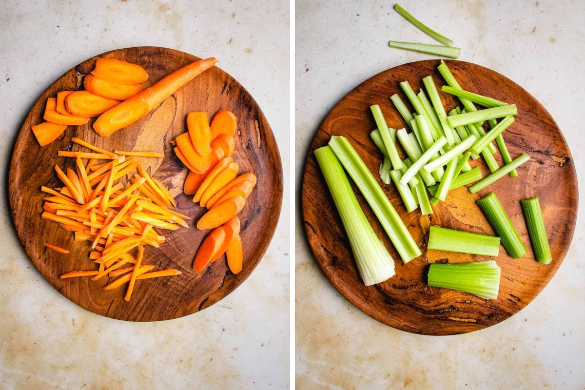 Person demos how to cut carrots and celery to matchstick shape.
