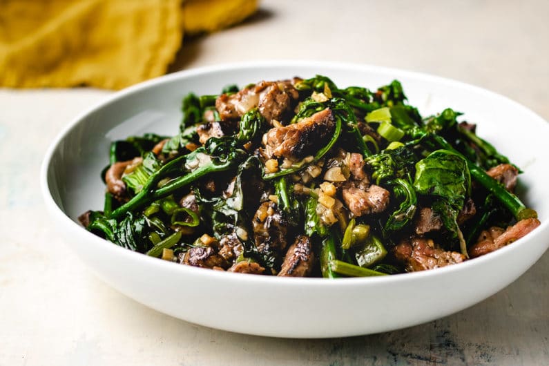 Paleo beef stir-fry in oyster sauce with yu choy vegetable is gluten-free, keto, and Whole30.