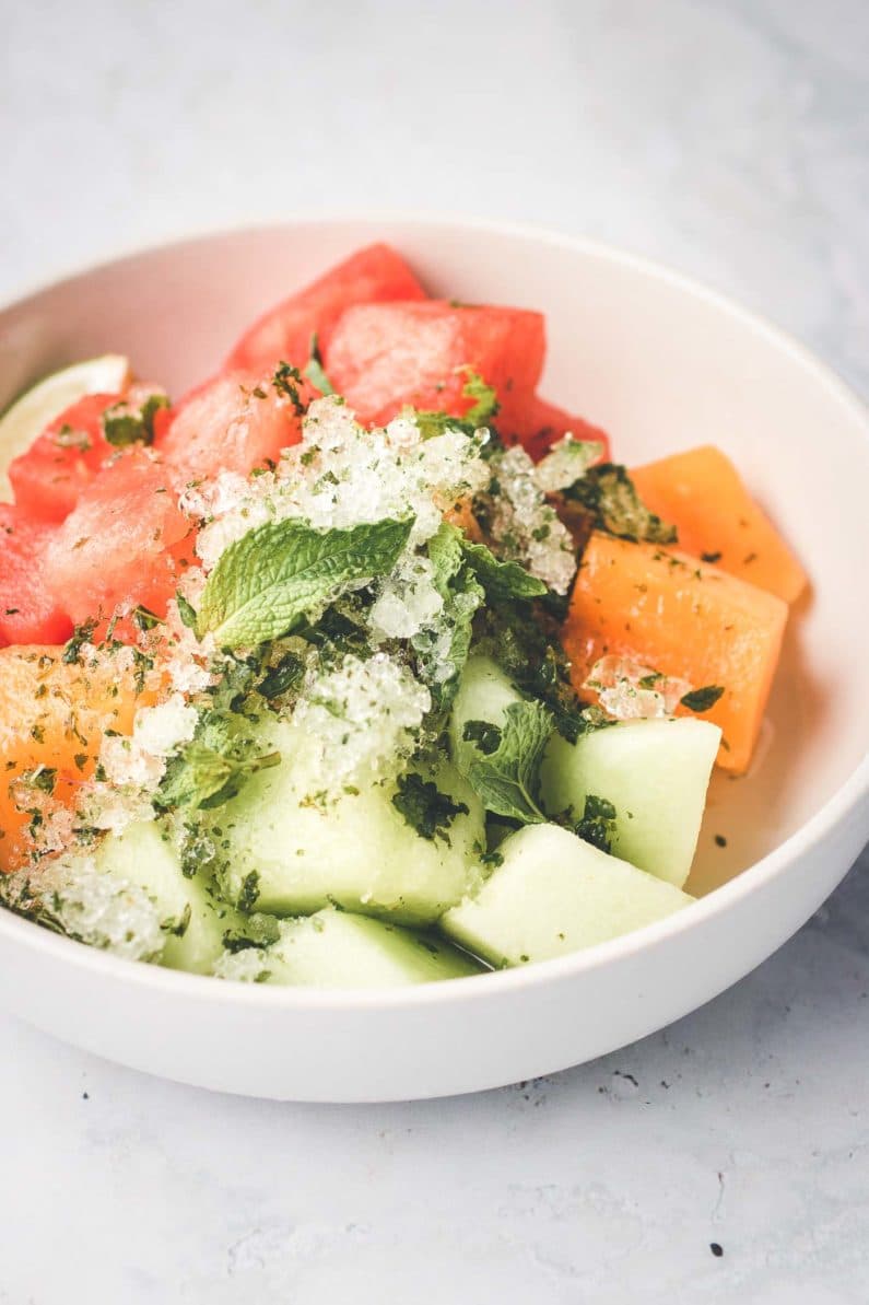 Watermelon Fruit Salad recipe with crushed mint-lime flavored ice for the best summer watermelon mint salad!