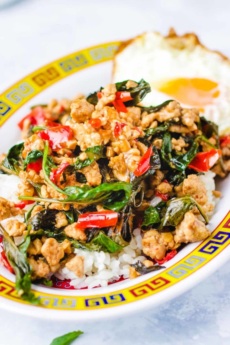 Thai basil chicken recipe uses ground chicken and is Paleo, Whole30, and low carb friendly.