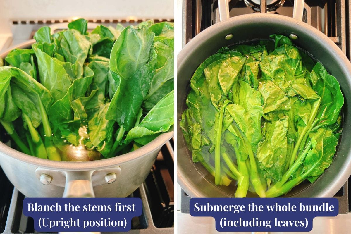 Two images show blanching leafy greens for an Asian Broccoli or Chinese broccoli recipe: the left shows stems upright in hot water, while the right shows leaves fully submerged. Labels explain each blanching step before adding Broccoli Chinese Oyster Sauce.