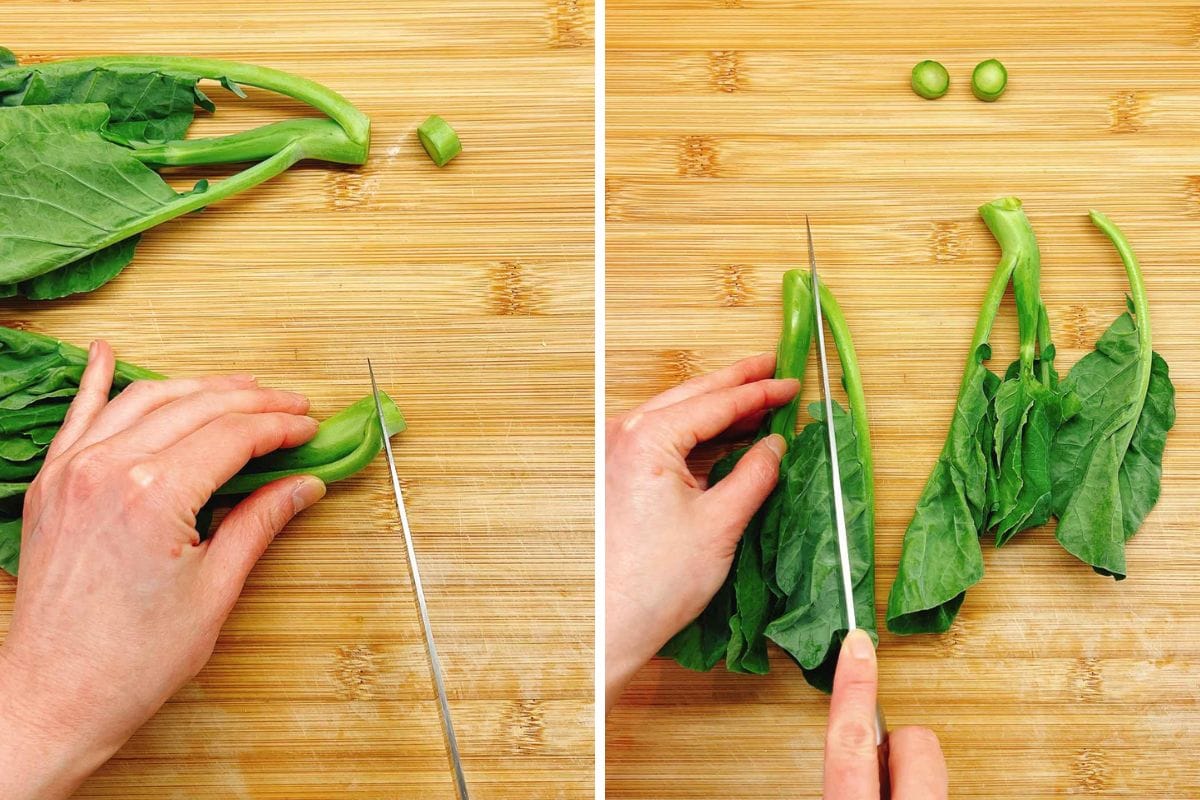 Two side-by-side images show hands cutting leafy green vegetables on a wooden cutting board with a knife, clearly demonstrating how to trim and prepare stems for a Chinese Broccoli with Oyster Sauce recipe.