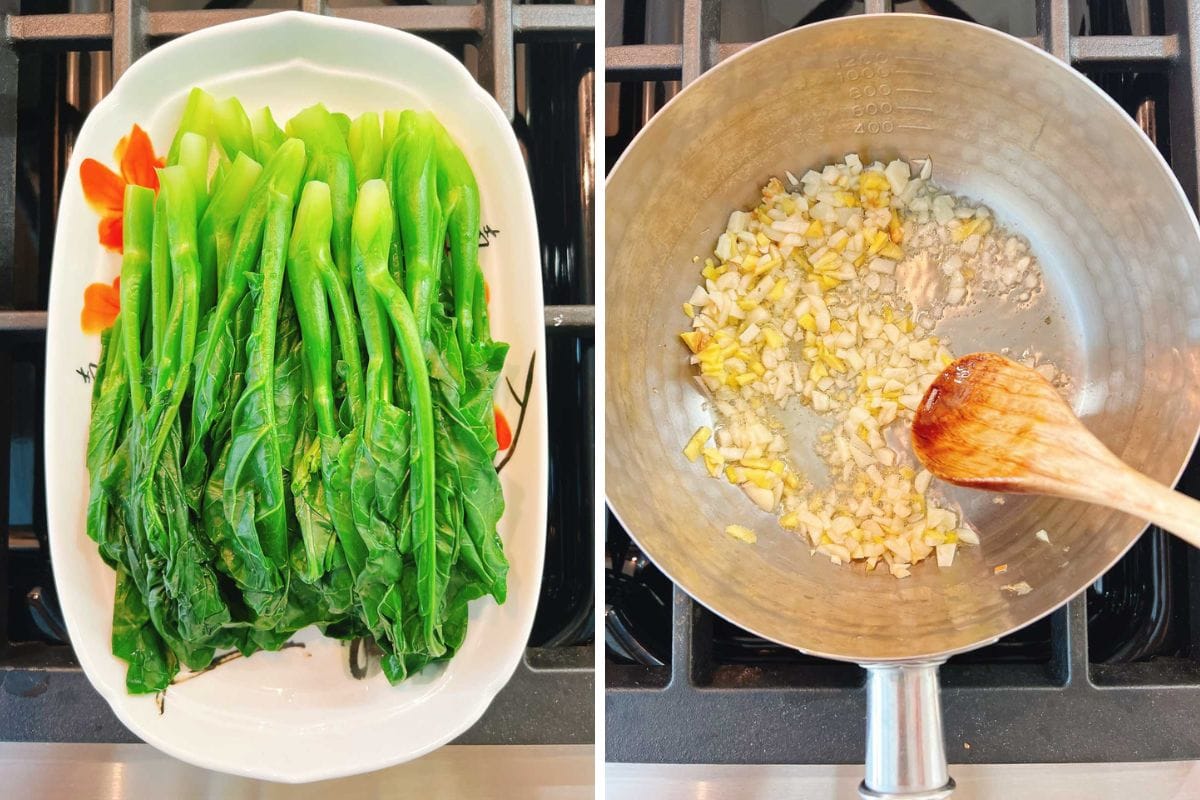 Left: Chinese Broccoli blanched, neatly arranged on a white plate. Right: Chopped garlic and onions being sautéed in a metal pot—perfect for starting a Chinese broccoli oyster sauce recipe.