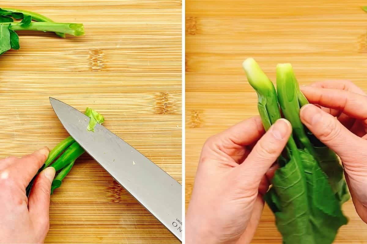 Side-by-side images show hands prepping Asian Broccoli gai lan: on the left, a hand trims the stem with a knife; on the right, both hands show trimmed stalks of this leafy vegetable—perfect for your next Chinese broccoli recipe.