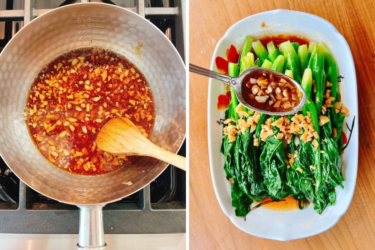 A photo shows a pan of garlic soy oyster sauce, perfect for a Chinese broccoli recipe, being stirred with a wooden spoon (left), and steamed greens with sauce being spooned over them (right).