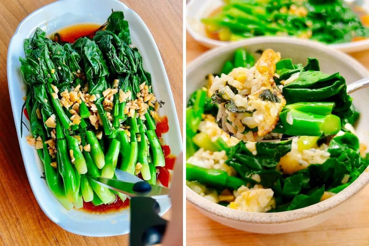 Left: Steamed Chinese Broccoli with Oyster Sauce, topped with chopped garlic and soy sauce on a white platter with kithen shears to dice the broccoli into bite size sections for serving. Right: A bowl of rice mixed with leafy greens, egg, and vegetables—a classic Chinese broccoli recipe.