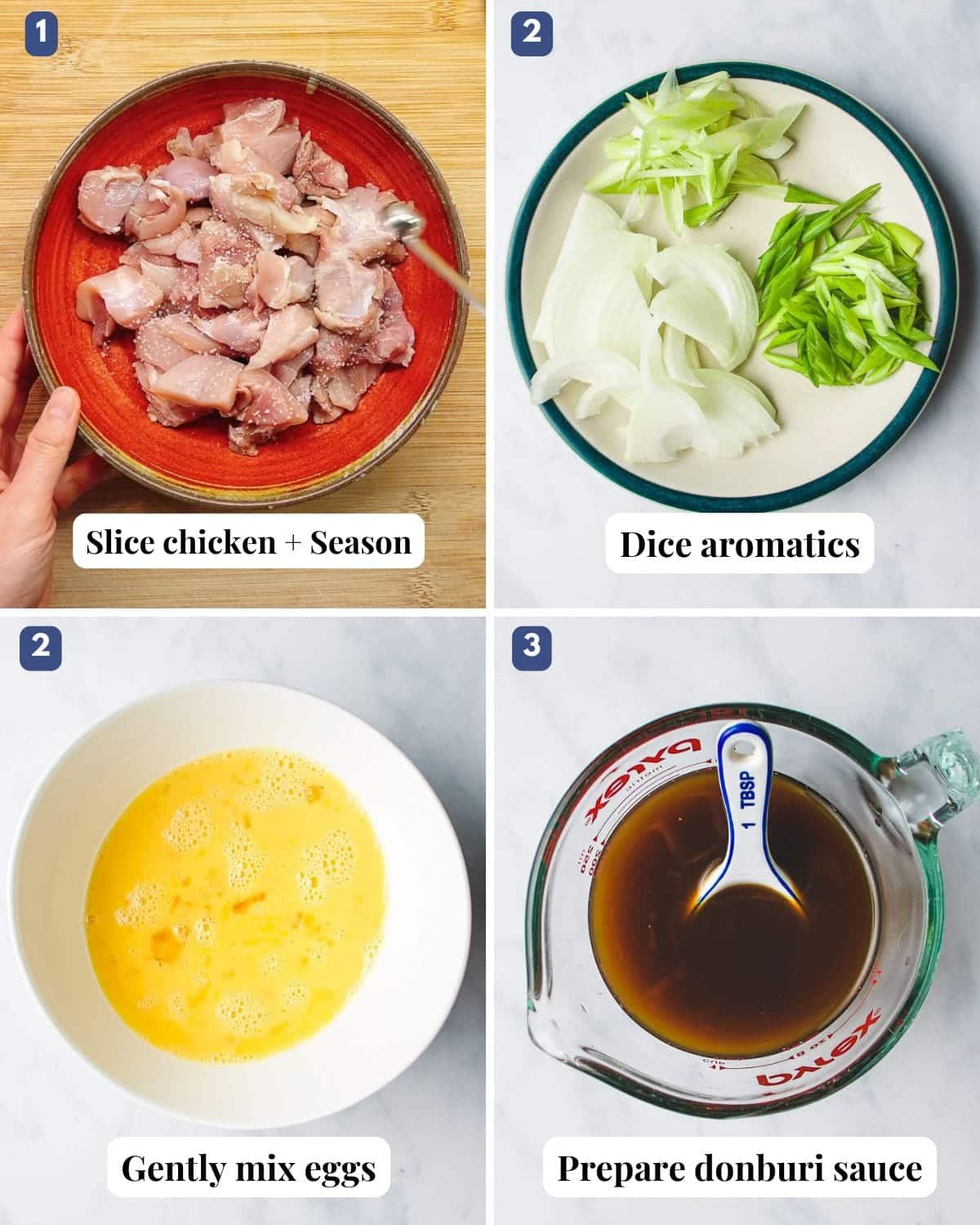 Person demos preparing ingredients and donburi sauce before cooking.