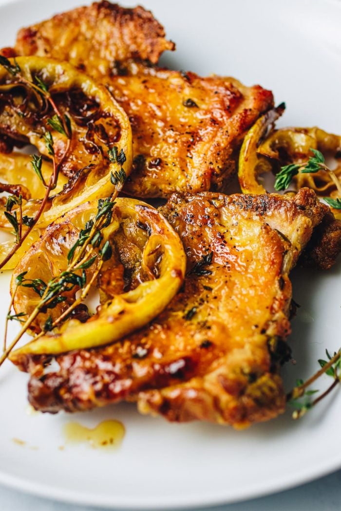Lemon Thyme Chicken Thighs recipe with lemon chicken marinade is gluten-free, paleo, keto and whole30 from I Heart Umami.