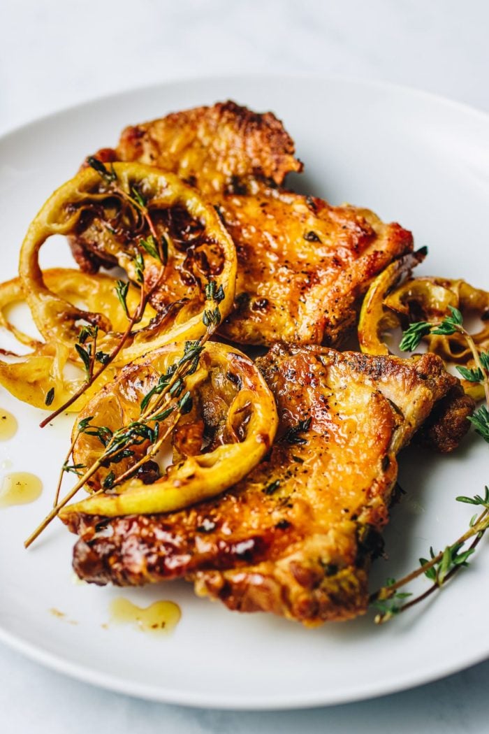 Lemon Thyme Chicken Thighs recipe with lemon chicken marinade is gluten-free, paleo, keto and whole30 from I Heart Umami.