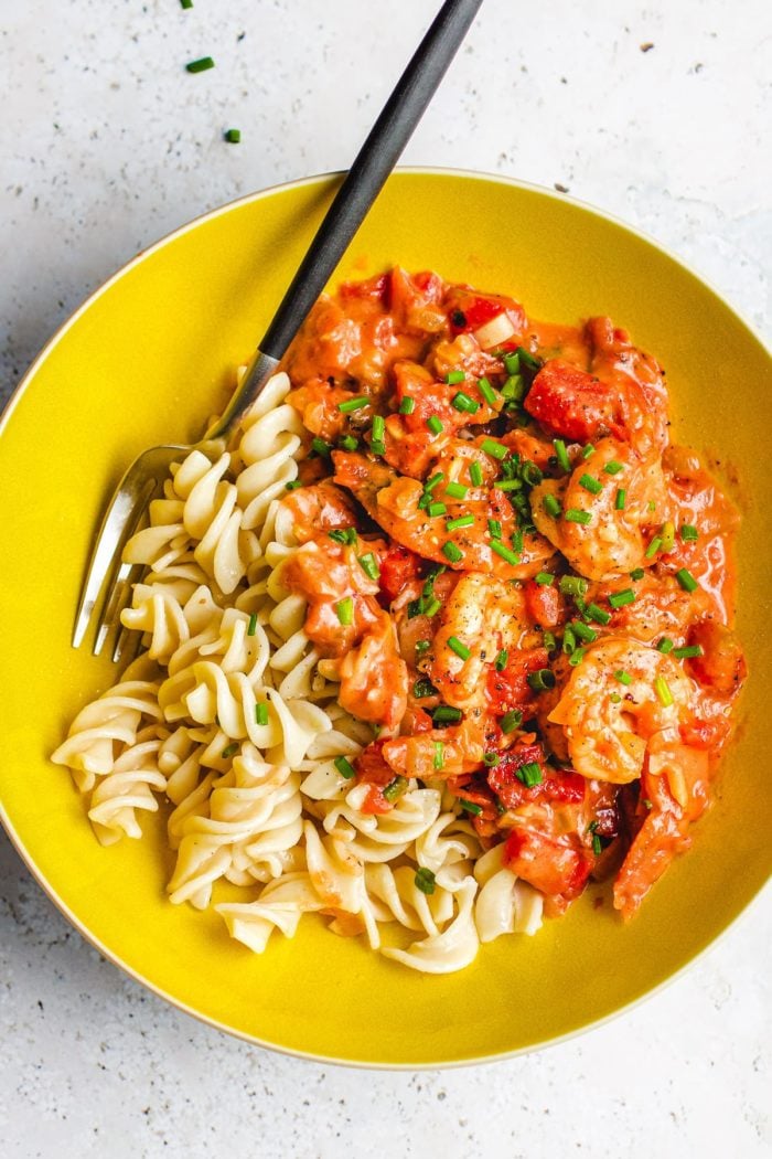 Shrimp in Tomato Cream Sauce recipe with homemade dairy-free and gluten-free pink sauce from I Heart Umami.