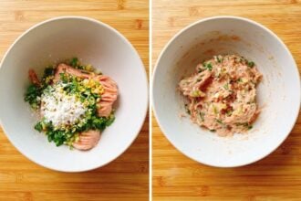 Side-by-side images show a white bowl on a wooden surface: left, with raw ground meat, chopped green onions, minced garlic, and flour for low carb dumplings; right, the ingredients mixed together to prepare Chinese Dumplings.