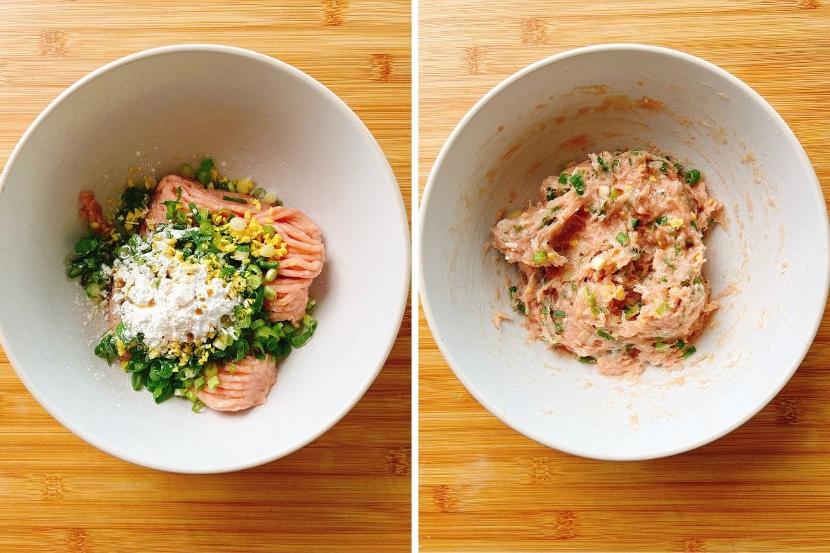 Side-by-side images show a white bowl on a wooden surface: left, with raw ground meat, chopped green onions, minced garlic, and flour for low carb dumplings; right, the ingredients mixed together to prepare Chinese Dumplings.