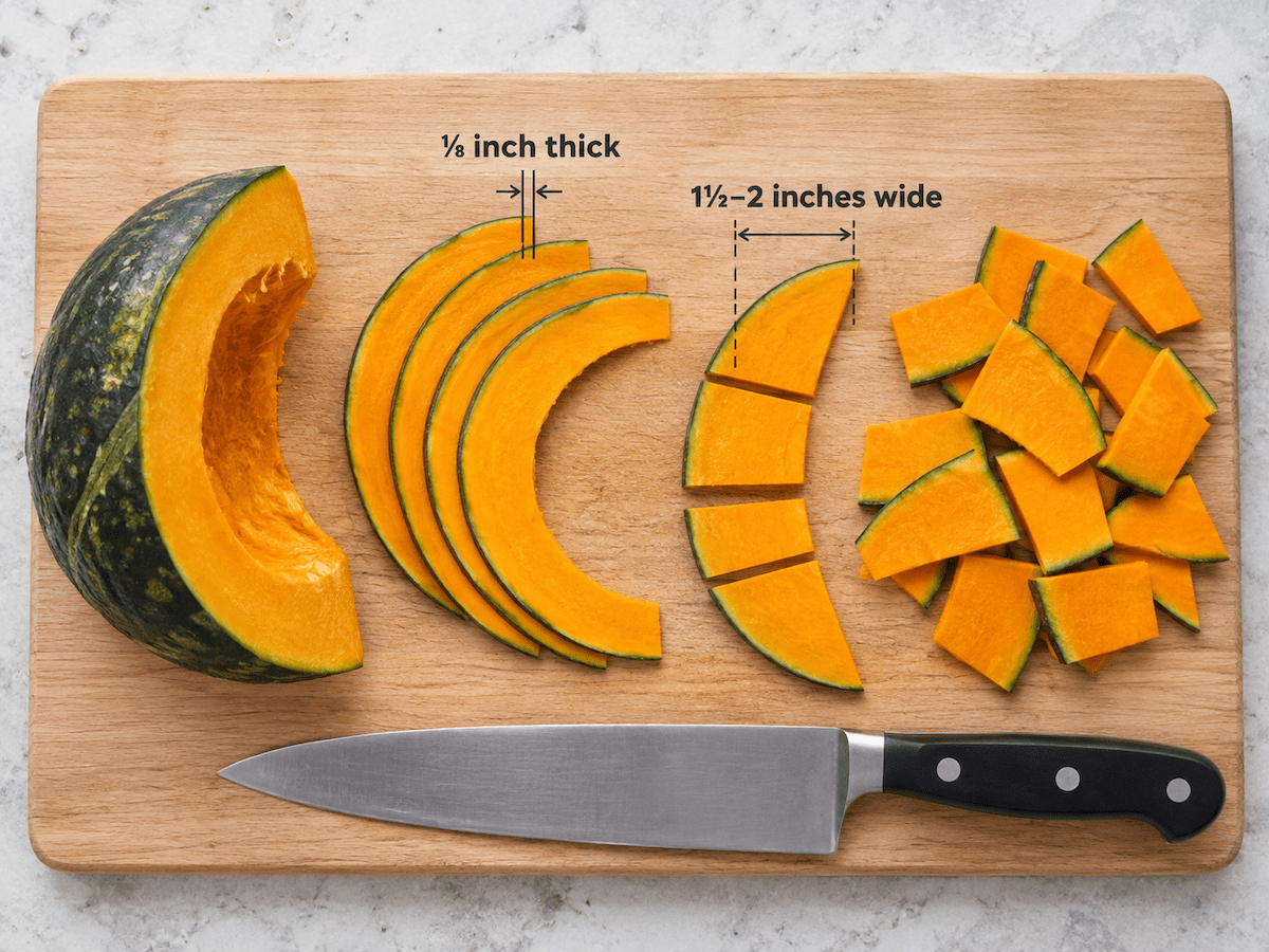 Wooden board with a chef’s knife and sliced kabocha pumpkin, showing step-by-step cuts: wedge, thin slices, halved slices, and 1½–2 inch wide cubes of Japanese pumpkin squash, with labeled thickness and width measurements.