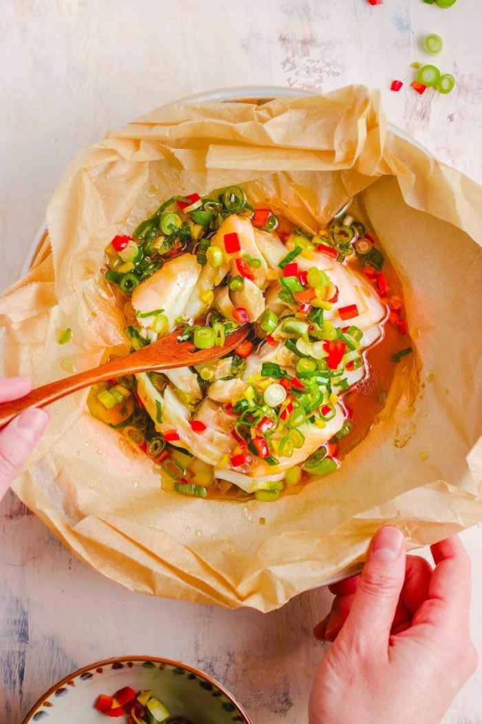Chinese Steamed Fish Cod Recipe with Ginger Scallion Sauce I Heart Umami.