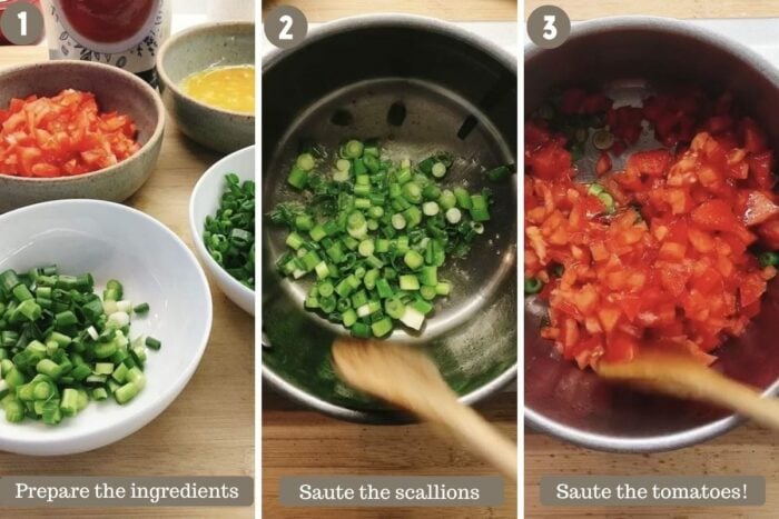 Photo shows preparing the ingredients and saute the tomatoes 