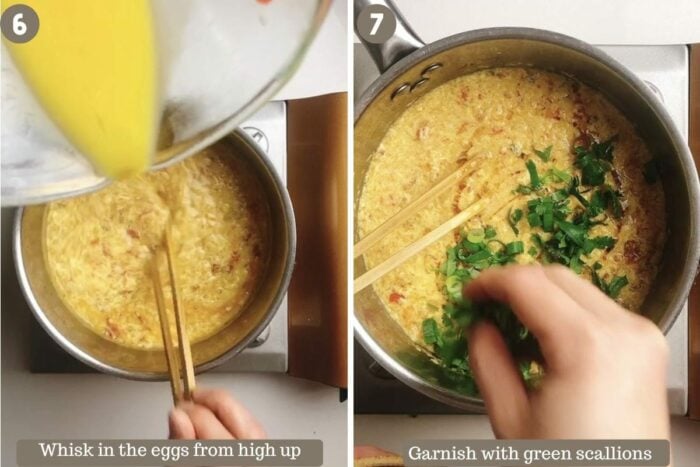 Photo shows whisk in the eggs and garnish the soup