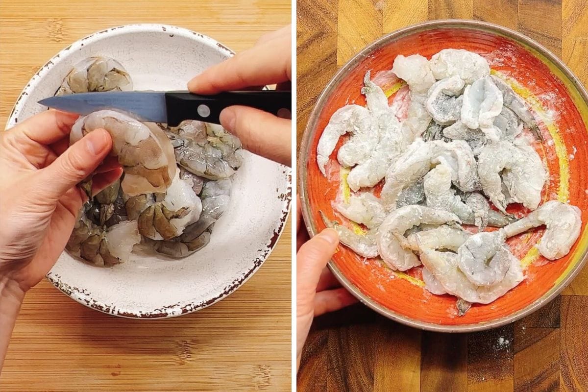 Left: A hand uses a knife to make a shallow slit on the back side of raw shrimp in a white bowl. Right: Light starch-coated raw shrimp, perfect for Shrimp and broccoli stir fry, are arranged in a red bowl on a wooden surface.