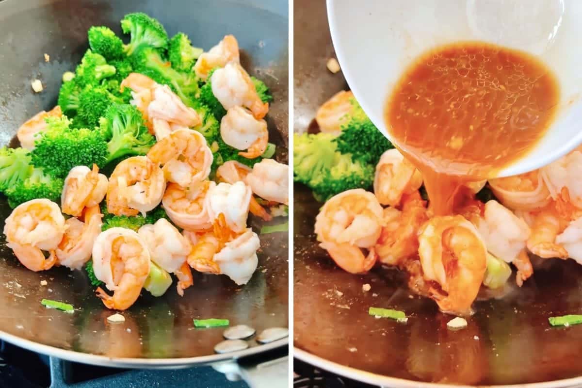Shrimp and broccoli Chinese style are being cooked in a wok pan. In the second image, a brown garlic sauce is poured over the shrimp and broccoli, preparing them for a delicious shrimp and broccoli stir fry.