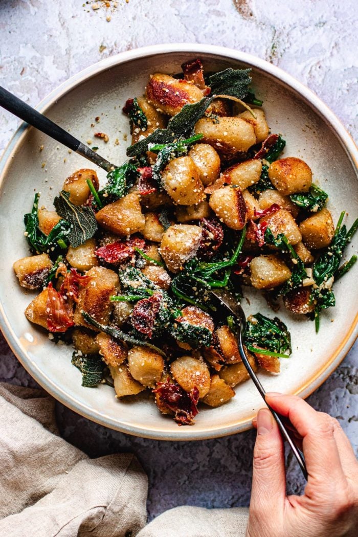 Trader Joe’s Cauliflower Gnocchi recipe with brown butter sage sauce Paleo from I Heart Umami.