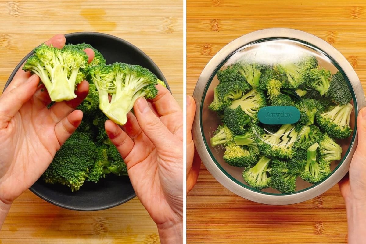 Two side-by-side images: on the left, hands slice broccoli into florets over a bowl; on the right, broccoli florets for shrimp and broccoli stir fry are in a bowl covered with a glass lid to microwave. Both images are on a wooden surface.