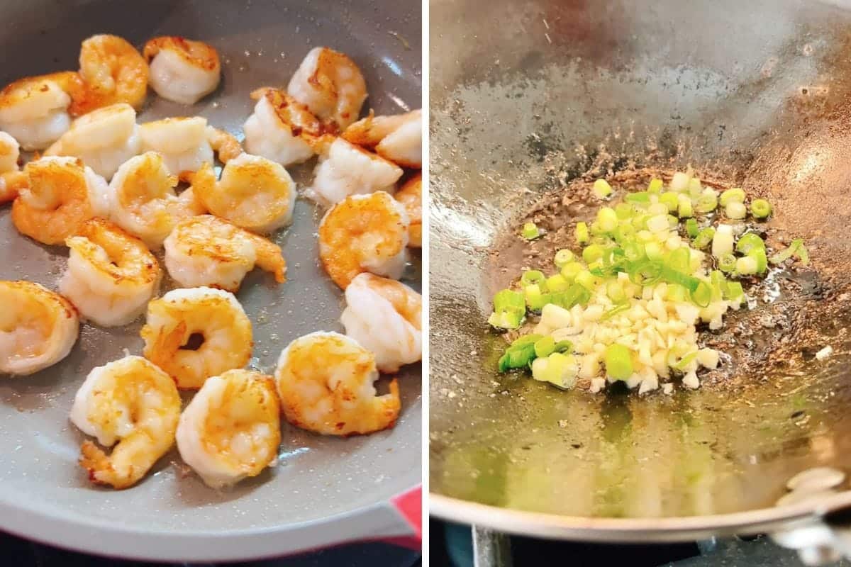 Left: Shrimp are being seared in a pan until golden and little crisp. Right: Chopped green onions and minced garlic sizzle in hot oil, creating the flavorful base for a delicious garlic shrimp and broccoli stir fry.