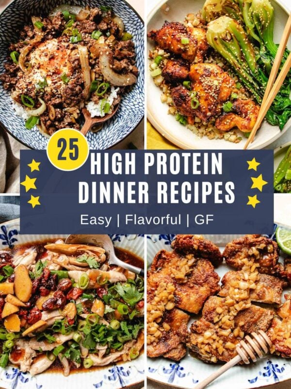 A collage of 25 high-protein, low carb dinner recipes features vibrant meats, vegetables, and seafood, surrounding a banner that reads: 25 High Protein Dinner Recipes—Easy | Flavorful | GF.