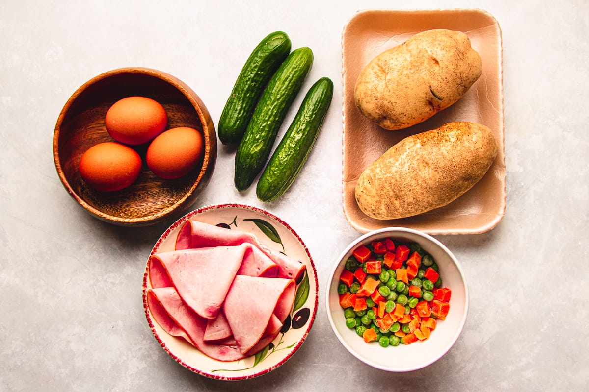 Photo shows ingredients needed to make Japanese potato salad