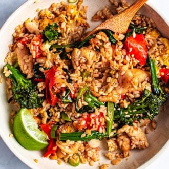 Low Carb Thai Chicken Fried Rice Recipe is Paleo, Keto friendly from I Heart Umami.