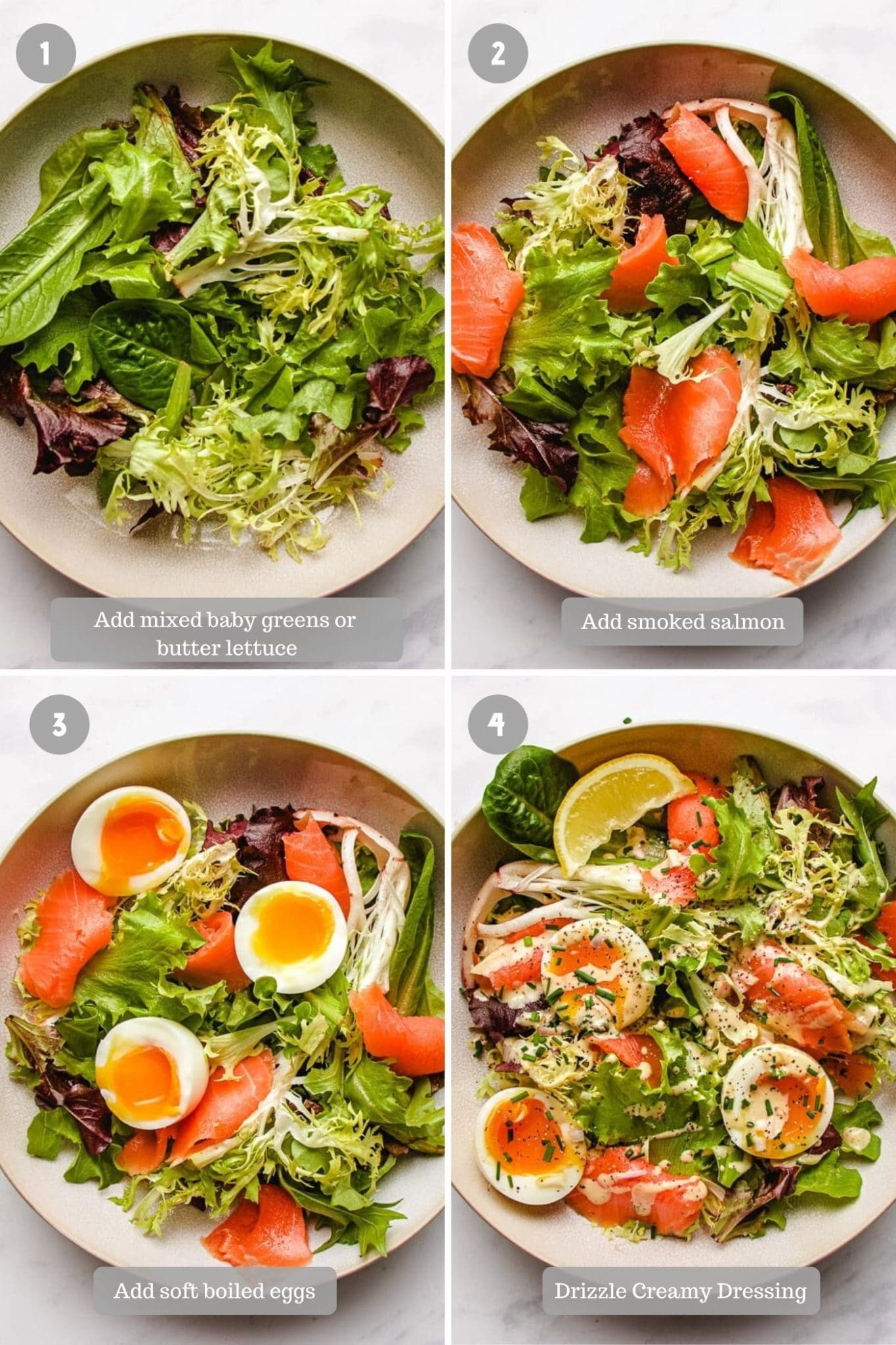 Person demos how to assemble smoked salmon salad in step-by-step photo instructions. 