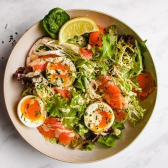 Keto smoked salmon salad recipe with soft-boiled eggs from I Heart Umami.