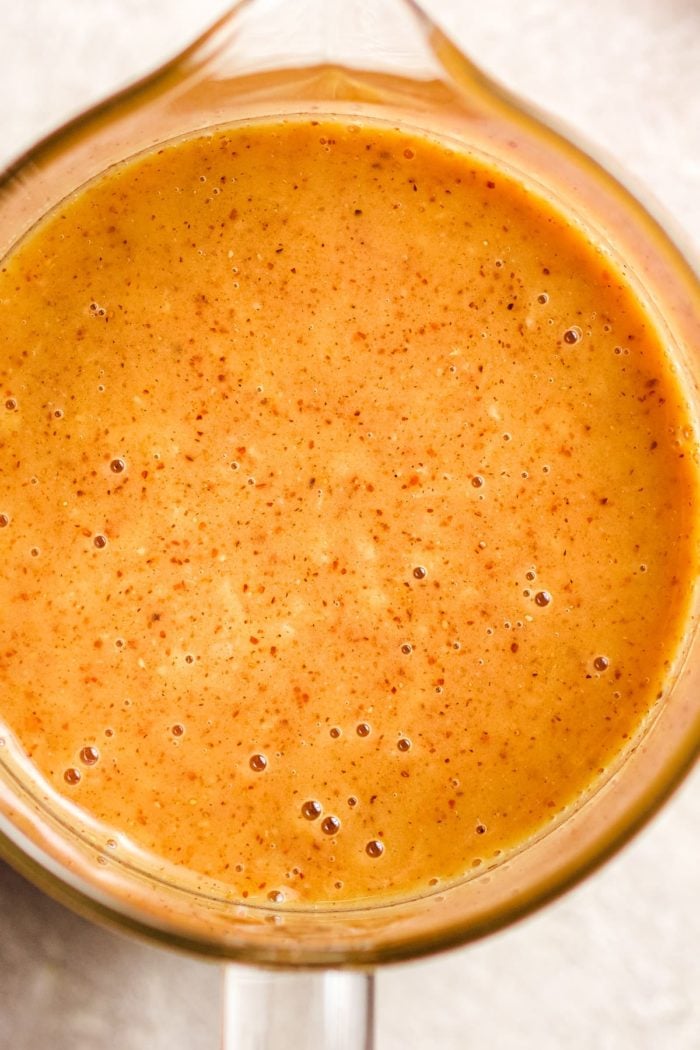 A close shot to show the texture of the creamy Asian peanut dressing