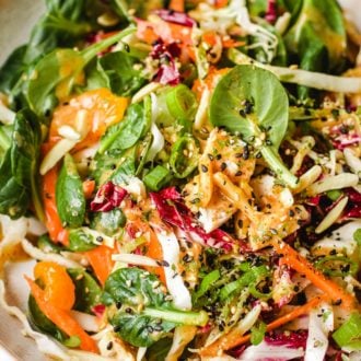 Mandarin Orange Salad recipe with chicken, tossed in an Asian peanut sauce made with almond butter.